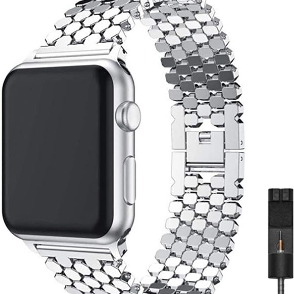 BNWT Metal Honeycomb Silver Apple Watch Band w Adj tool 42mm-44mm - Picture 1 of 2